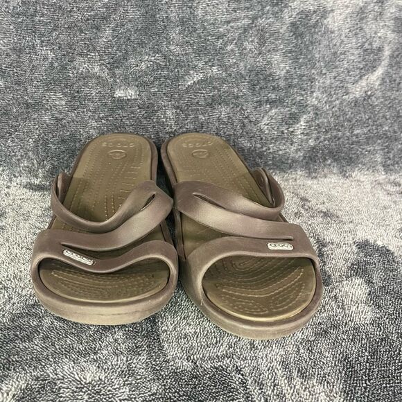 Crocs Iconic Comfort Women’s Brown STRAPPY Slip On Wedged Slides size 9 - Picture 2 of 7